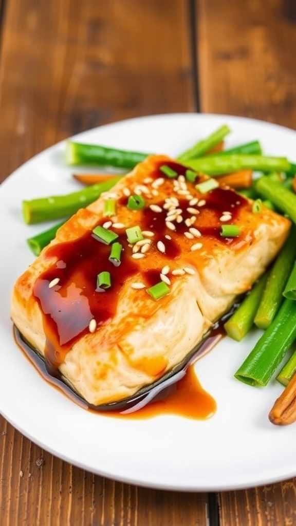 Air Fryer Salmon with Honey Soy Glaze Air fryer salmon fillet with honey soy glaze, garnished with sesame seeds and green onions, served with vegetables.
